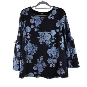 Alfani Plus Size Blue Black Floral Flowy Spandex Bell Sleeve Formal Blouse Shirt